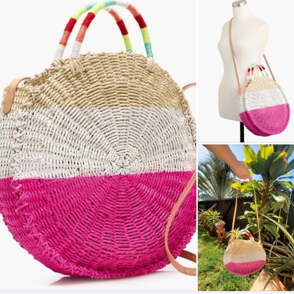 J Crew Straw crossbody natural woven purse Axalea pink Barbie hot pink